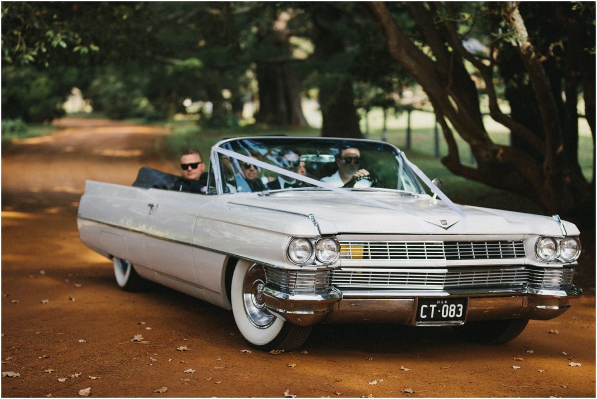 Old Cadillac wedding car at a Bendooley Berrima wedding