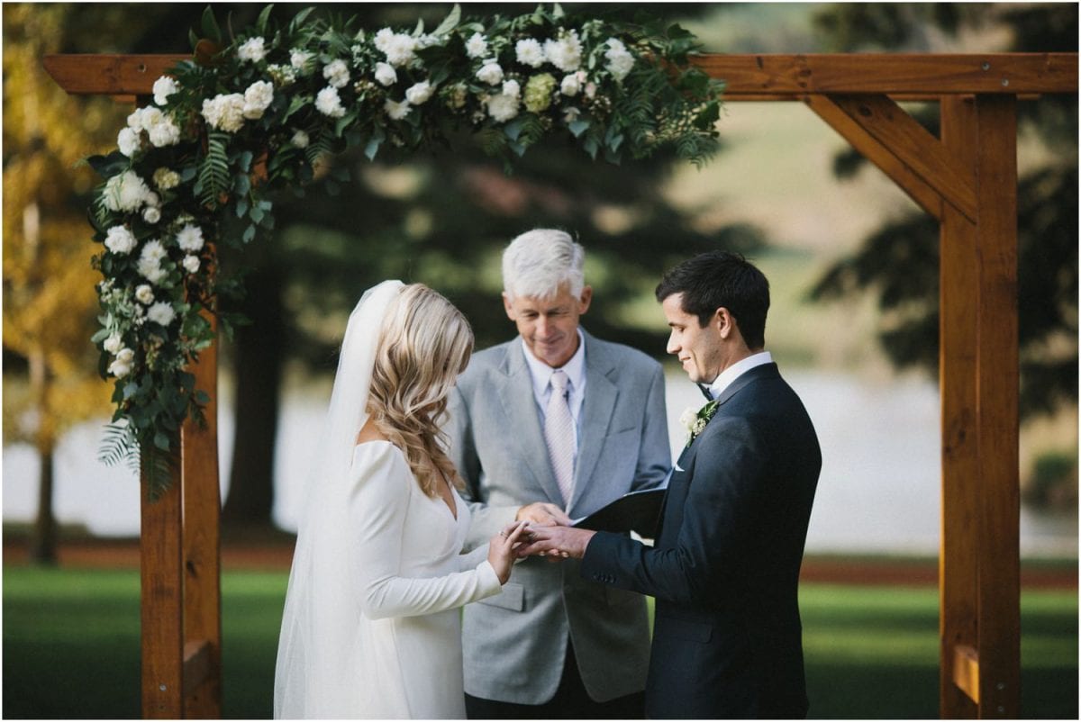 Bride and groom exchange rings during their Bendooley Estate wedding