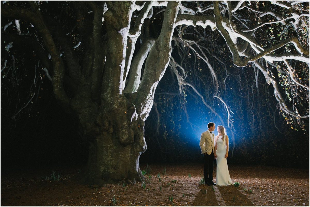 Bride and groom at night on their wedding day at Milton Park Bowral