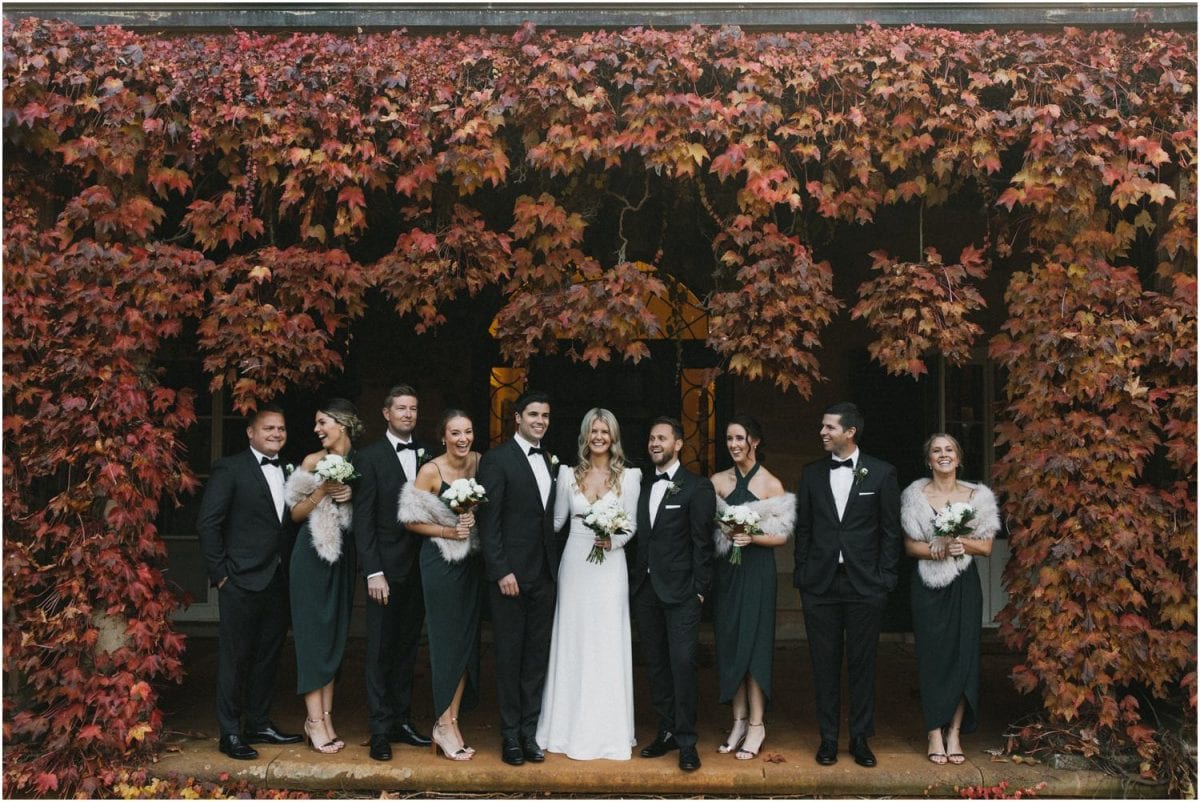 Bridal party at the Bendooley Estate homestead in autumn