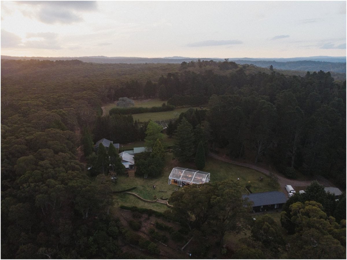 A drone shot of an Allview Escape Blue Mountains wedding